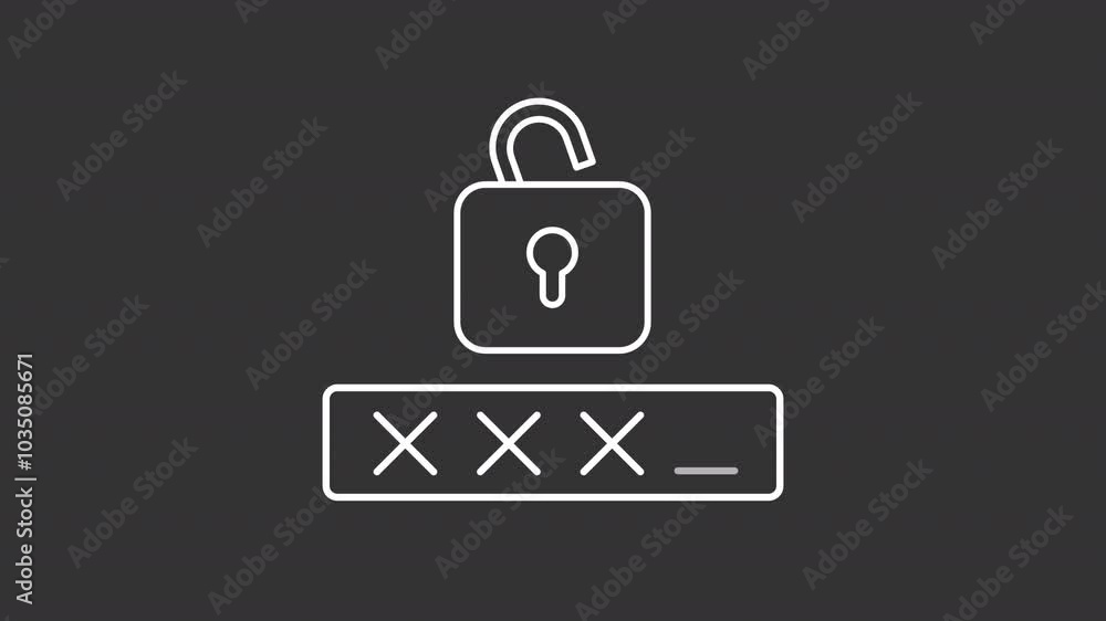 Strong password white line animation. Access control animated icon. Showing up crosses. Cybersecurity, network. Isolated illustration on dark background. Transition alpha video. Motion graphic Strong password white line animation. Access control animated icon. Showing up crosses. Cybersecurity, network. Isolated illustration on dark background. Transition alpha video. Motion graphic