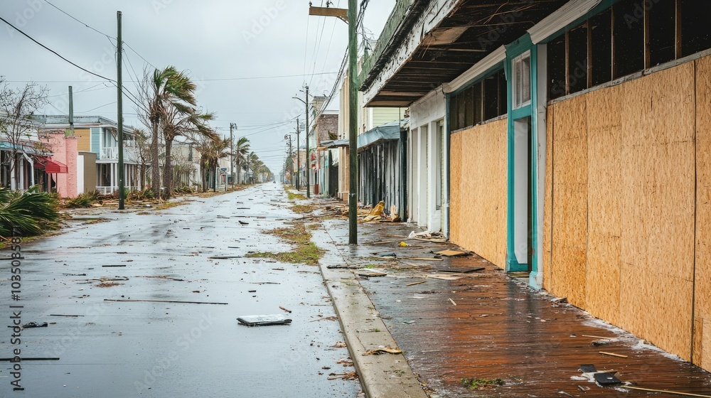 Evacuated street with boarded-up windows before the hurricane Evacuated street with boarded-up windows before the hurricane