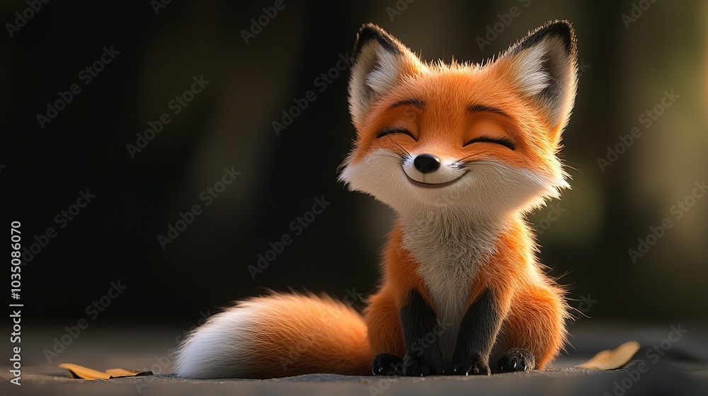 A charming smiling baby fox with fluffy fur, sitting peacefully with its tail curled around its body. This delightful scene captures the essence of innocence and playfulness in nature, A charming smiling baby fox with fluffy fur, sitting peacefully with its tail curled around its body. This delightful scene captures the essence of innocence and playfulness in nature,
