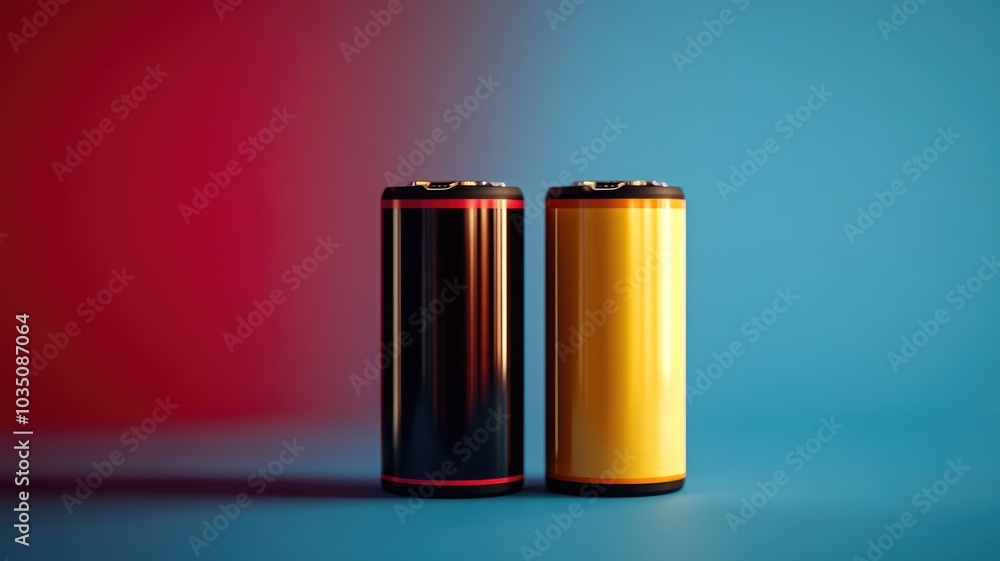 Two colorful batteries on gradient background, yellow and black