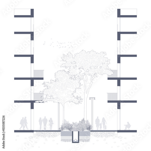 Architectural Drawings, Minimal style cad tree line drawing, Side view, set of section city 
street building outline for landscape design drawing. Vector illustration in seperate element