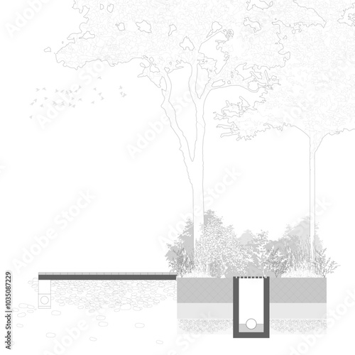 Architectural Drawings, Minimal style cad tree line drawing, Side view, set of section city 
street building outline for landscape design drawing. Vector illustration in seperate element