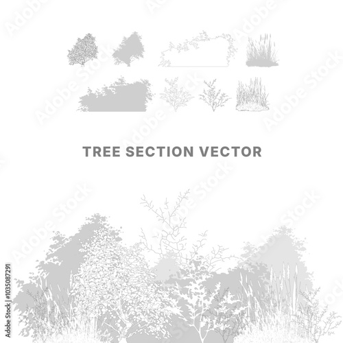 Architectural Drawings, Minimal style cad tree line drawing, Side view, set of section city street building outline for landscape design drawing. Vector illustration in seperate element