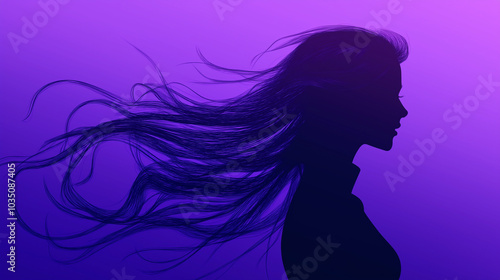 A silhouette of a woman with flowing hair, standing in the wind, with a gradient purple background. v3