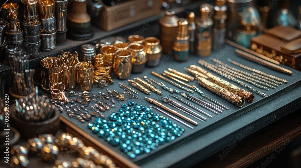 Handmade jewelry-making tools with beads and wire neatly arranged Handmade jewelry-making tools with beads and wire neatly arranged