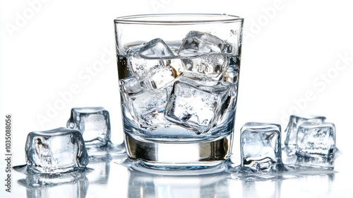 A glass filled with ice cubes, surrounded by scattered ice on a reflective surface.