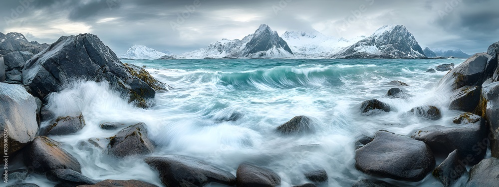 A long exposure photograph capturing the moment of water flowing over rocks at Lofoten Islands in Norway,