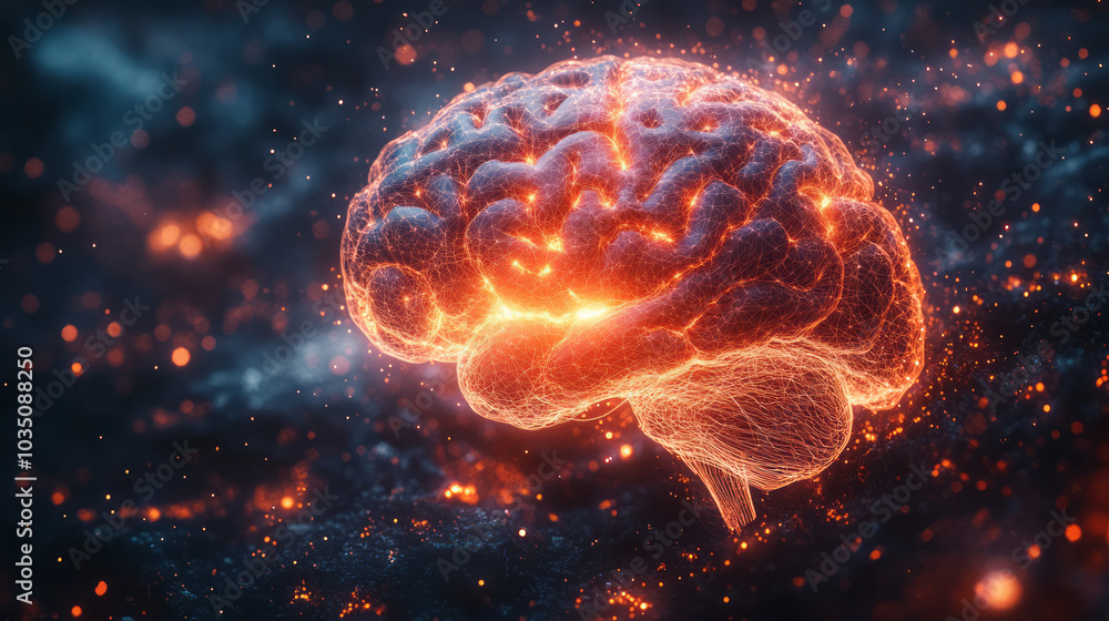 A complex 3D rendering of a brain, with wireframe details and glowing parts, isolated on a dark matte background, A complex 3D rendering of a brain, with wireframe details and glowing parts, isolated on a dark matte background,
