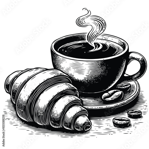Hand drawn coffee cup of cappuccino or late and croisant. For restaurant and cafe menu, coffee shop design template.
