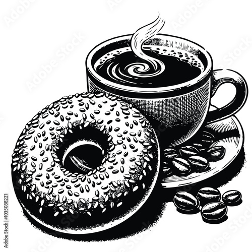 Hand drawn coffee cup of cappuccino or late and bagel. For restaurant and cafe menu, coffee shop design template.