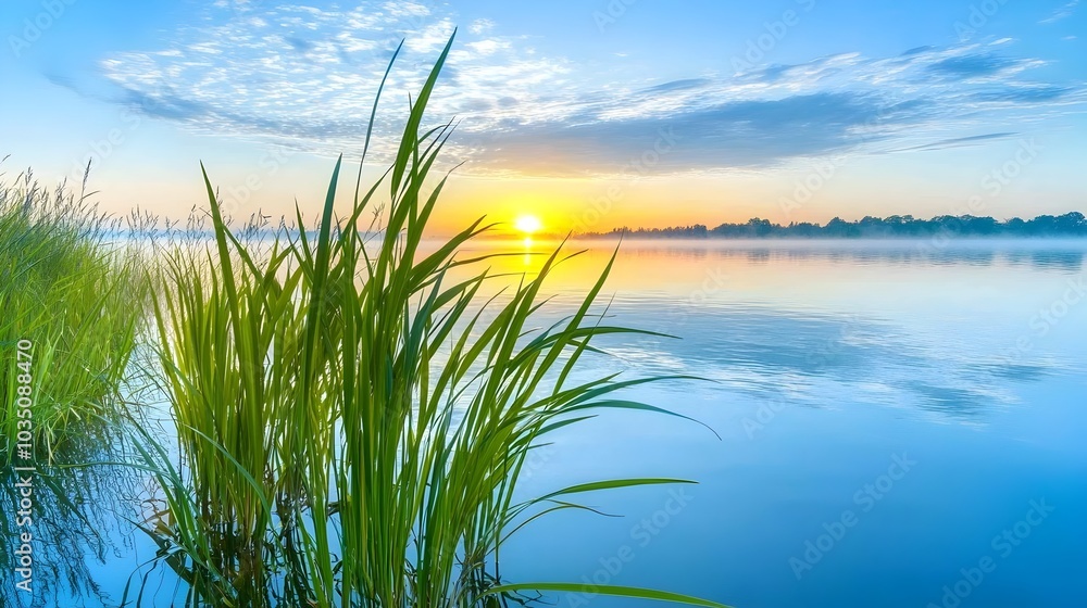 Obraz premium Tranquil Sunrise Over Foggy Marshland Scenery Peaceful Moody and Atmospheric Nature Landscape with Reflections in the Water
