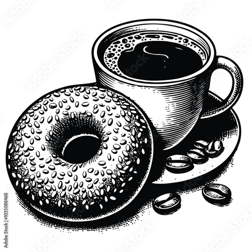 Hand drawn coffee cup of cappuccino or late and bagel. For restaurant and cafe menu, coffee shop design template.