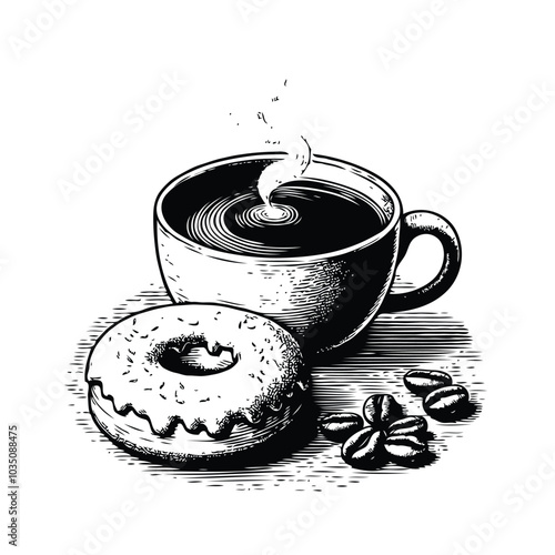 Hand drawn coffee cup of cappuccino or late and donut. For restaurant and cafe menu, coffee shop design template.