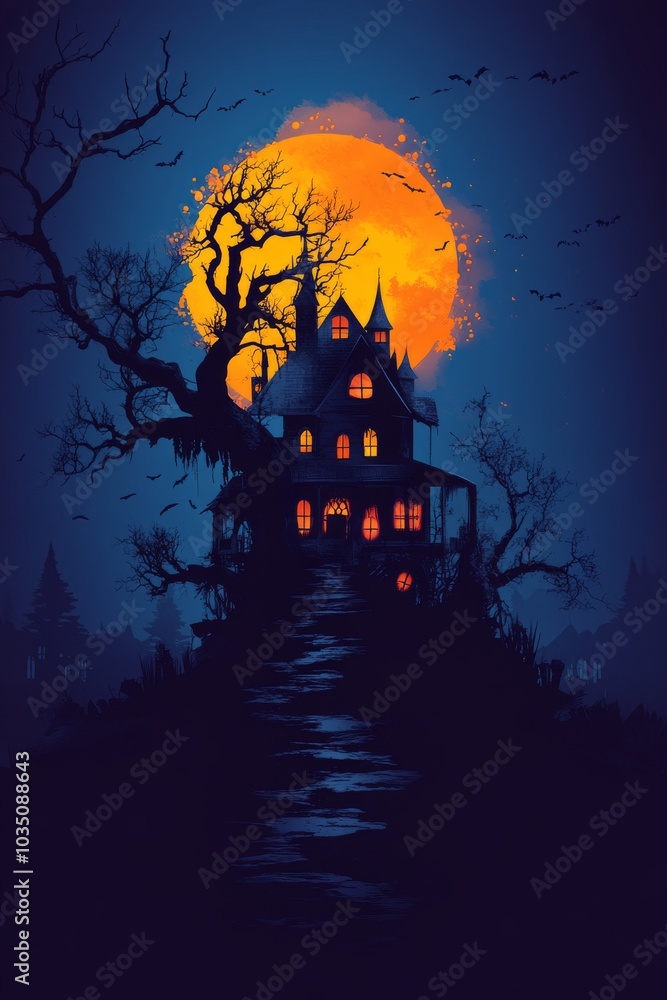 Spooky old haunted house: Eerie house on hill, swarm of bats and full moon behind. Halloween, horror, fairytale background concept.
Spooky old haunted house: Eerie house on hill, swarm of bats and full moon behind. Halloween, horror, fairytale background concept.