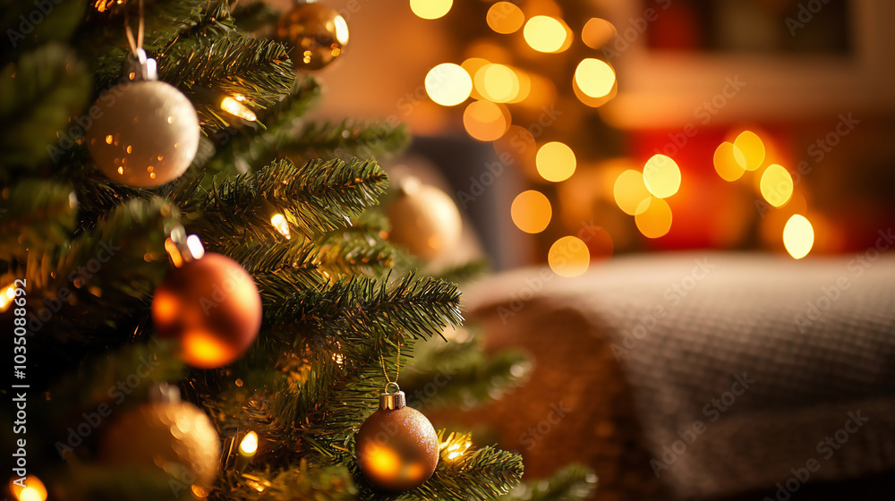 Close-up of a Christmas tree with golden and silver ornaments in a cozy living room, with blurred lights in the background. Close-up of a Christmas tree with golden and silver ornaments in a cozy living room, with blurred lights in the background.