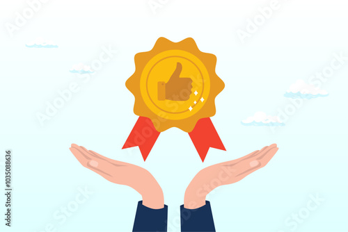 Endorsement or recommendation for employee or product, high quality approval, public support or positive satisfaction evaluation concept, businessman hand giving thumb up honor endorsement badge