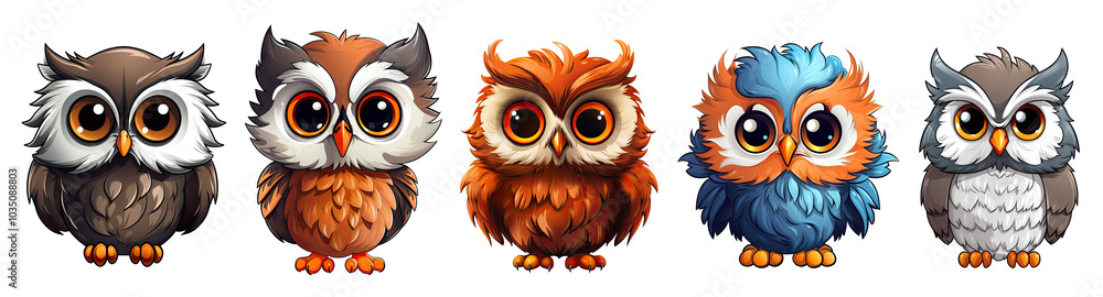 Fototapeta premium Cute cartoon owls, isolated on white background