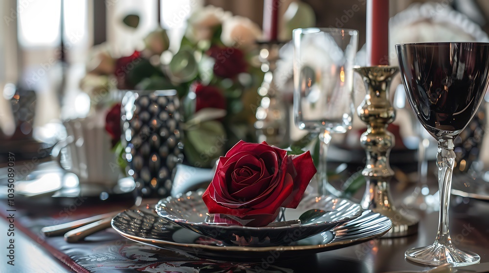 A table with a rich theme and a chic false rose in a nice vessel being affluence A table with a rich theme and a chic false rose in a nice vessel being affluence