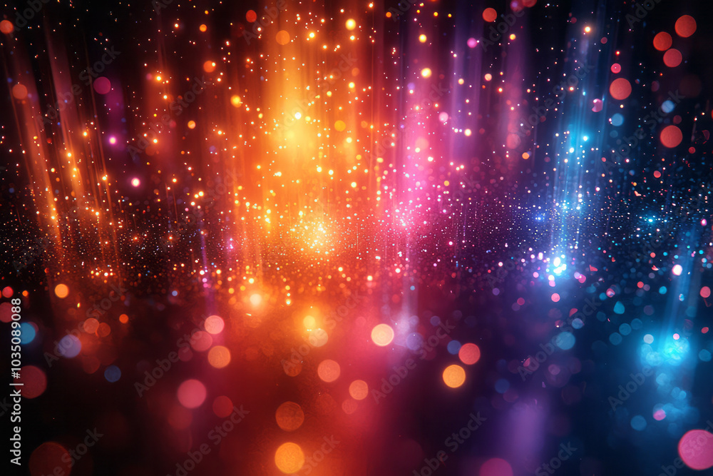 Obraz premium A vibrant burst of colorful light particles radiating in abstract space, creating a glowing cosmic effect,