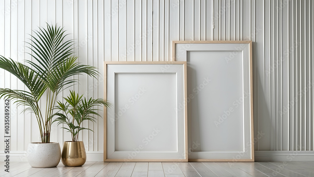 modern room with plant and empty art framed on wall. modern room with plant and empty art framed on wall.