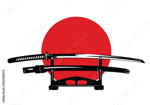 traditional japanese katana blade put on special stand for display against red sun circle - unsheathed samurai sword with scabbard vector design