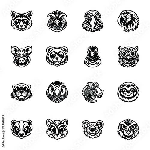 Set of Glyph Style Animal Mascots Icons 

