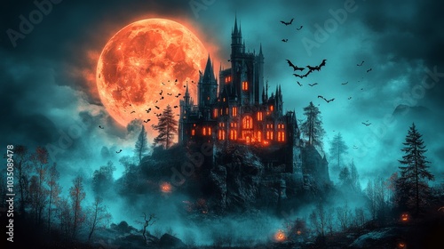 Spooky old medieval castle: Ancient eerie castle on mountain, swarm of bats and full moon behind. Halloween, horror, fairytale background concept. 