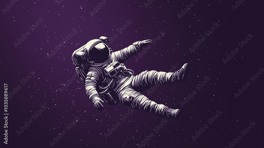 Fototapeta premium A silhouette of an astronaut floating in space, with a dark purple background to simulate the void. v3