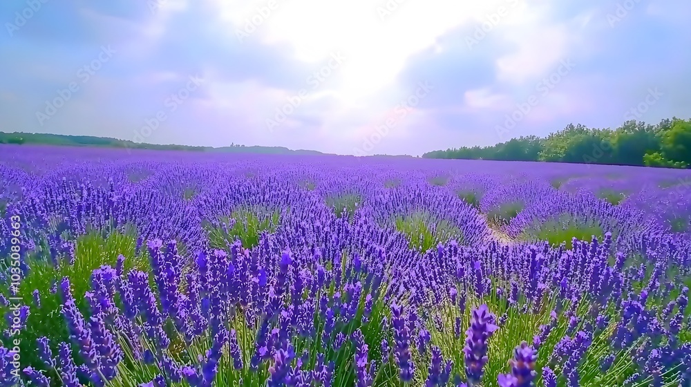 Naklejka premium Peaceful and Serene Lavender Fields Covering a Picturesque Hillside Under a Clear Blue Sky Tranquil Pastoral Landscape in the Countryside