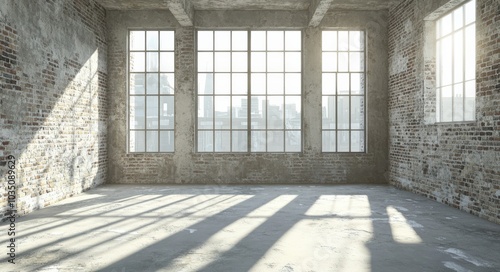 Loft Industrial: Abstract Empty Interior with Old Brick Walls and Big Windows