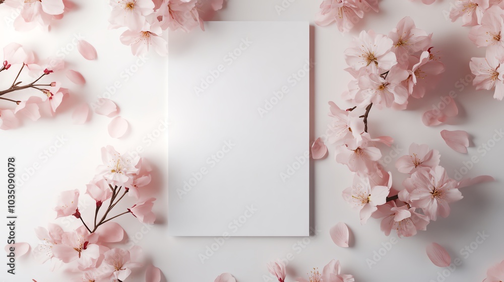 A blank white card surrounded by soft pink cherry blossoms on a white background, perfect for invitations or seasonal greetings. A blank white card surrounded by soft pink cherry blossoms on a white background, perfect for invitations or seasonal greetings.