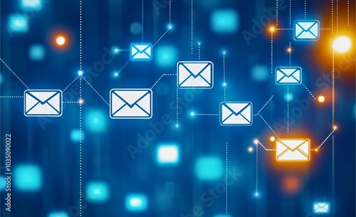 A digital representation of an interconnected email network featuring glowing envelope icons and connecting lines, symbolizing communication and information exchange.