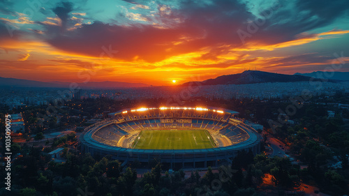 Aerial drone twilight sky photo of brand new soccer,football stadium of AEK Agia Sofia in public park of Filadelfia, Athens, Attica, Greece