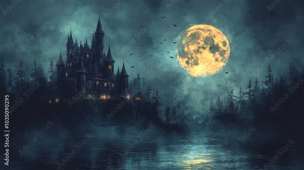 Spooky old medieval castle: Ancient eerie castle on mountain, swarm of bats and full moon behind. Halloween, horror, fairytale background concept.
Spooky old medieval castle: Ancient eerie castle on mountain, swarm of bats and full moon behind. Halloween, horror, fairytale background concept.