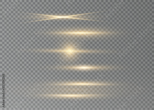 Gold horizontal lens flares pack. Laser beams, horizontal light rays. Beautiful light flares. Glowing streaks on light background. Light line effect gold png.	