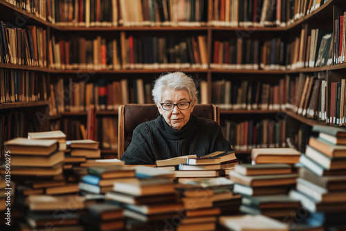 Senior woman sitting in a library surrounded by books, immersed in reading, aged studies concept