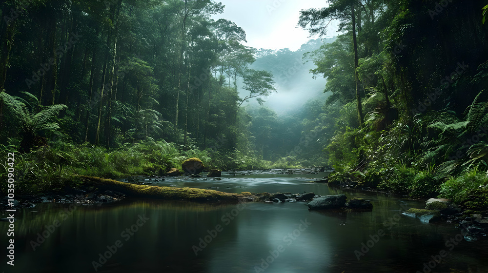 Obraz premium Tranquil Stream Flowing Through Lush Rainforest