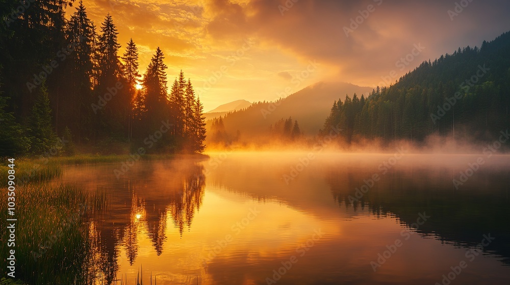 Serene Lake at Sunrise with Misty Reflection Serene Lake at Sunrise with Misty Reflection