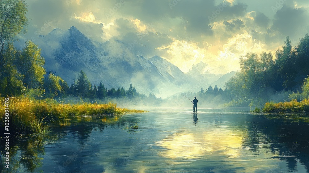 Man fly fishing in a river, surrounded by a peaceful landscape Man fly fishing in a river, surrounded by a peaceful landscape