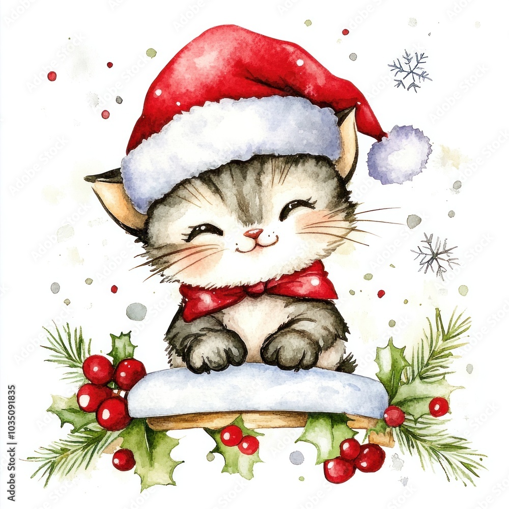 Christmas kitten wearing Santa hat in watercolor. Festive pet illustration. Christmas kitten wearing Santa hat in watercolor. Festive pet illustration.
