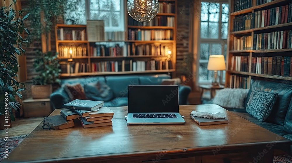 Minimalist study area with a desk, laptop, and a stack of reference books Minimalist study area with a desk, laptop, and a stack of reference books