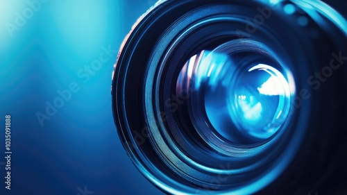 Close-up of camera lens with blue lighting effects