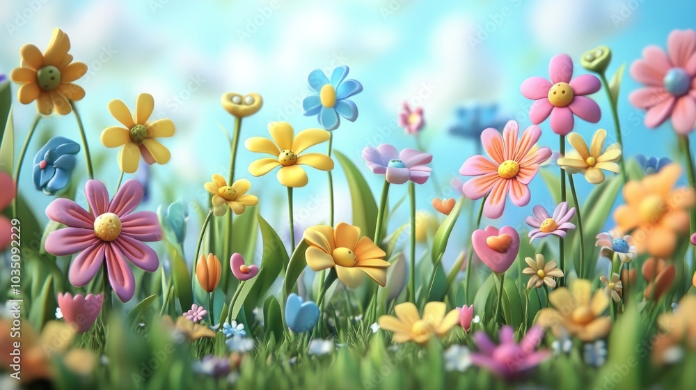 A field of colorful cartoon flowers in a sunny meadow. A field of colorful cartoon flowers in a sunny meadow.