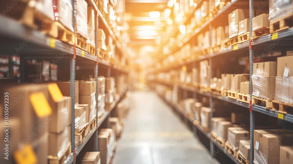 Fototapeta premium Retail warehouse full of shelves with goods in cartons, with pallets and forklifts. Logistics and transportation blurred background. Product distribution center.
