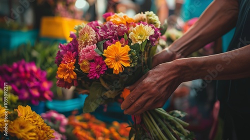Wallpaper Mural 
Flower vendor’s hands arranging a vibrant bouquet of flowers at a bustling outdoor market Torontodigital.ca