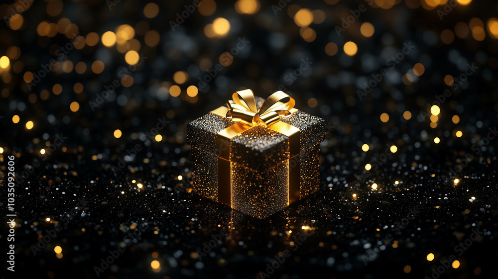 A beautifully wrapped gift box, glowing softly in the center of a black and gold background, perfect for holiday or special occasion themes A beautifully wrapped gift box, glowing softly in the center of a black and gold background, perfect for holiday or special occasion themes