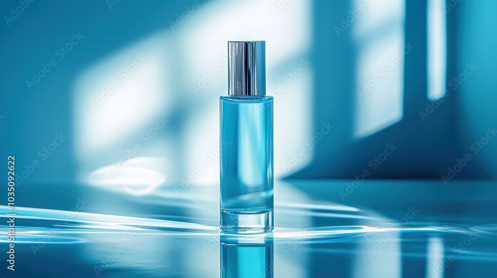 Elegant Blue Perfume Bottle on Reflective Surface Elegant Blue Perfume Bottle on Reflective Surface