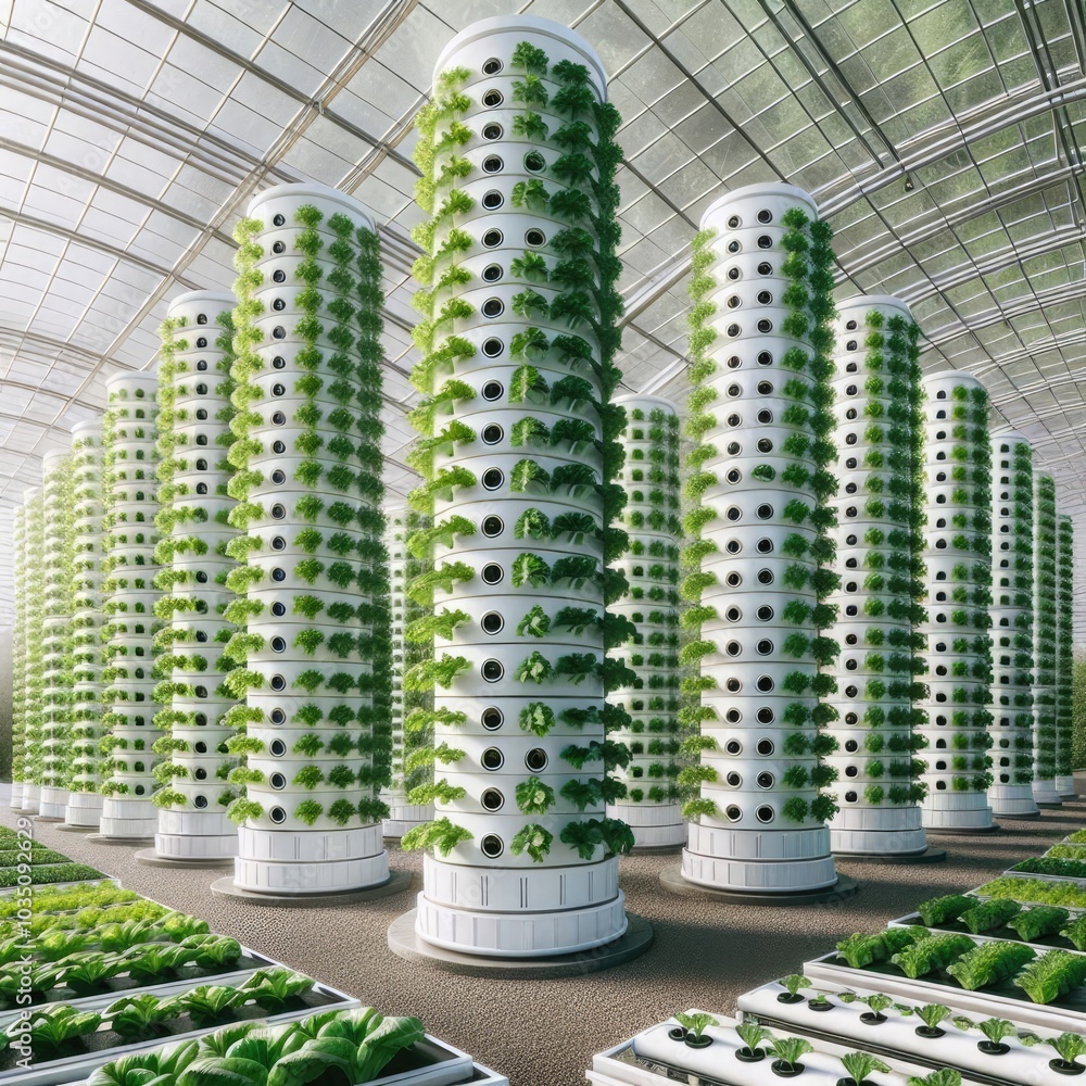 Modern Hydroponic Greenhouse with Vertical Farming Towers Growing Lush Green Vegetables, Showcasing Sustainable Agriculture Techniques and Innovation in Eco-Friendly Food Production