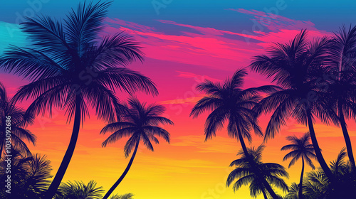 A silhouette of palm trees swaying in the breeze, set against a vibrant tropical sunset. v2