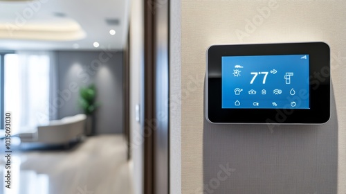 A chic urban apartment with a smart thermostat controlling climate settings through a mobile app, Intelligent home environment theme, Minimalist style